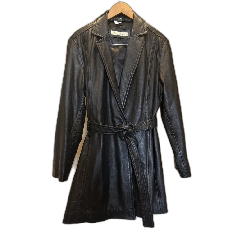 Excelled Ladies XL Belted Pea Coat Black Y2K Vintage 100% Genuine Leather